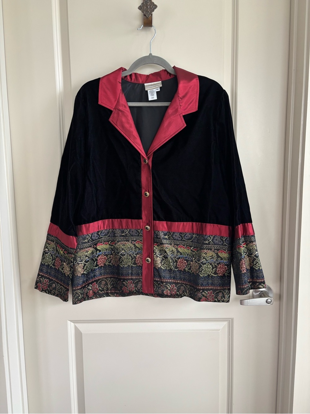 Coldwater Creek Black Velvet Jacket with Wine Red Satin Trim